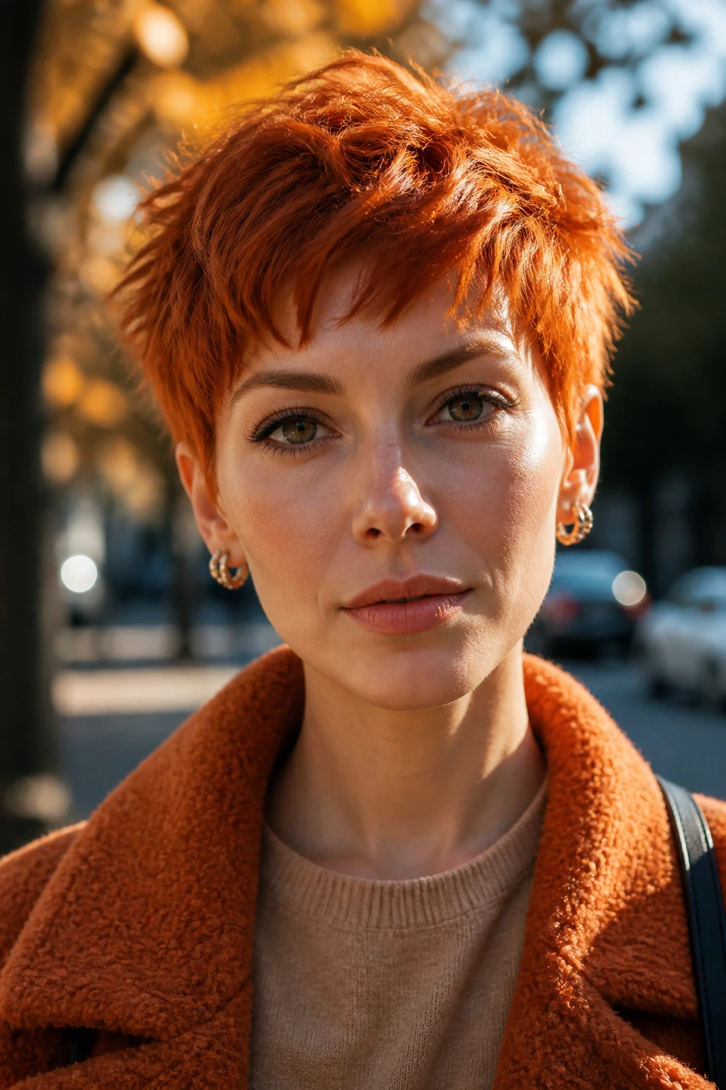 Close-up of a woman with a bright tangerine copper crop in autumn light