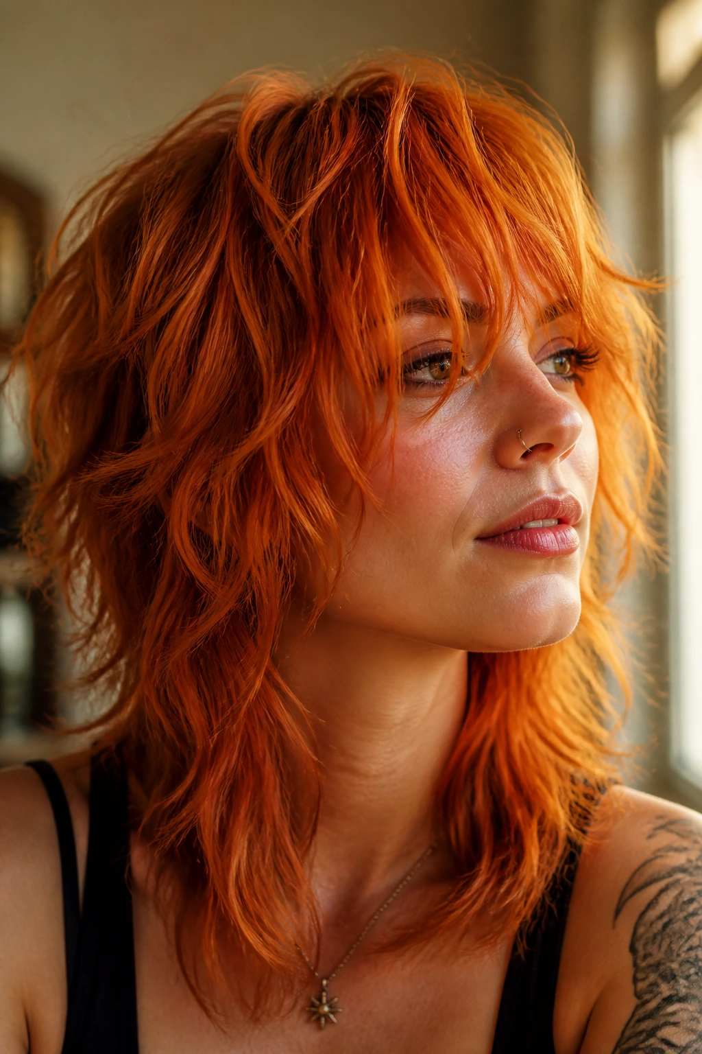 Close-up of a real woman with a Tangerine Copper Shag, bold orange-red layered texture