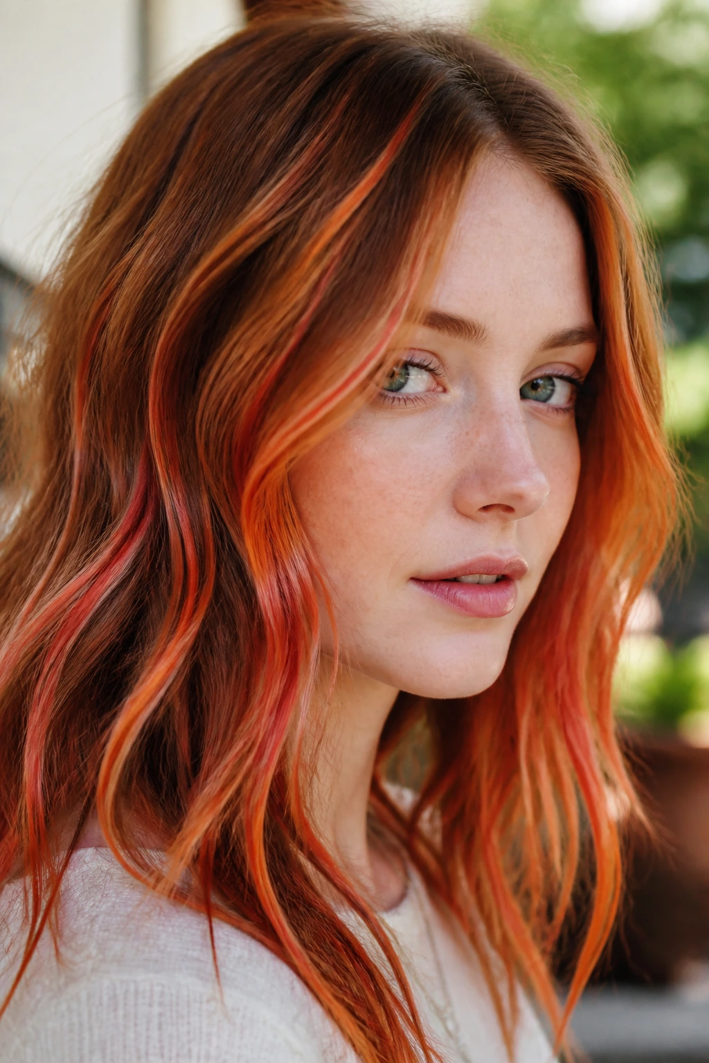 Portrait of pale-skinned person with tangerine coral highlights.