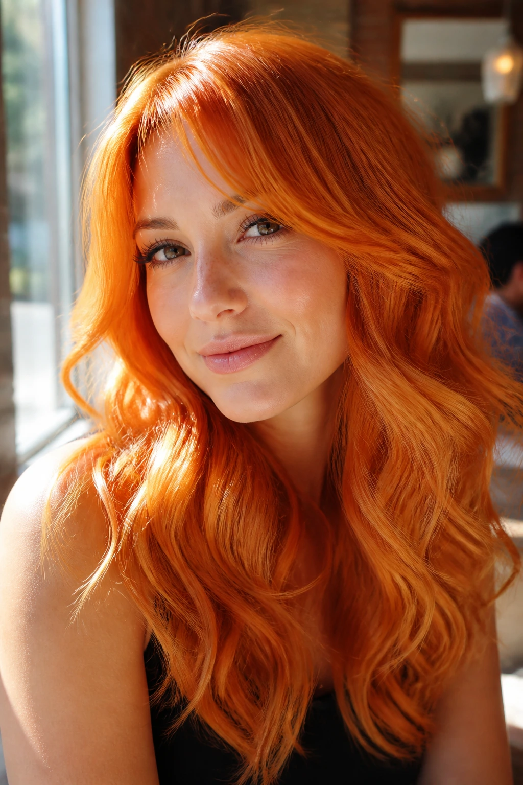 Close-up of a real woman with bright tangerine hair and high gloss finish in sunny light.
