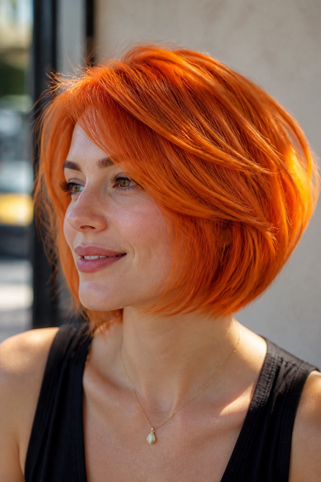 Close-up portrait of a real woman with a bright tangerine layered bob in a sunlit cafe