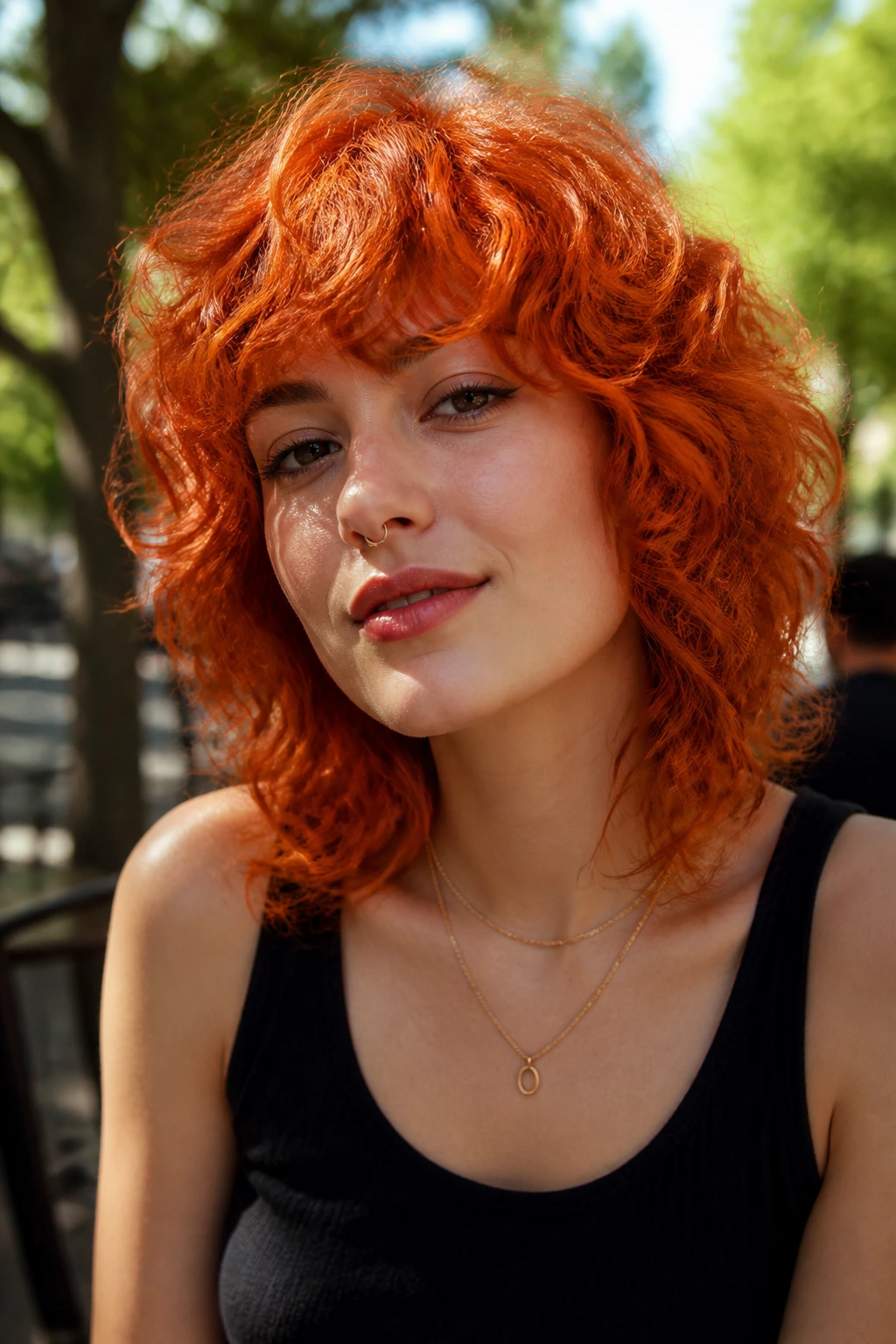 Close-up of a real person with Tangerine Red Curly Shag hairstyle