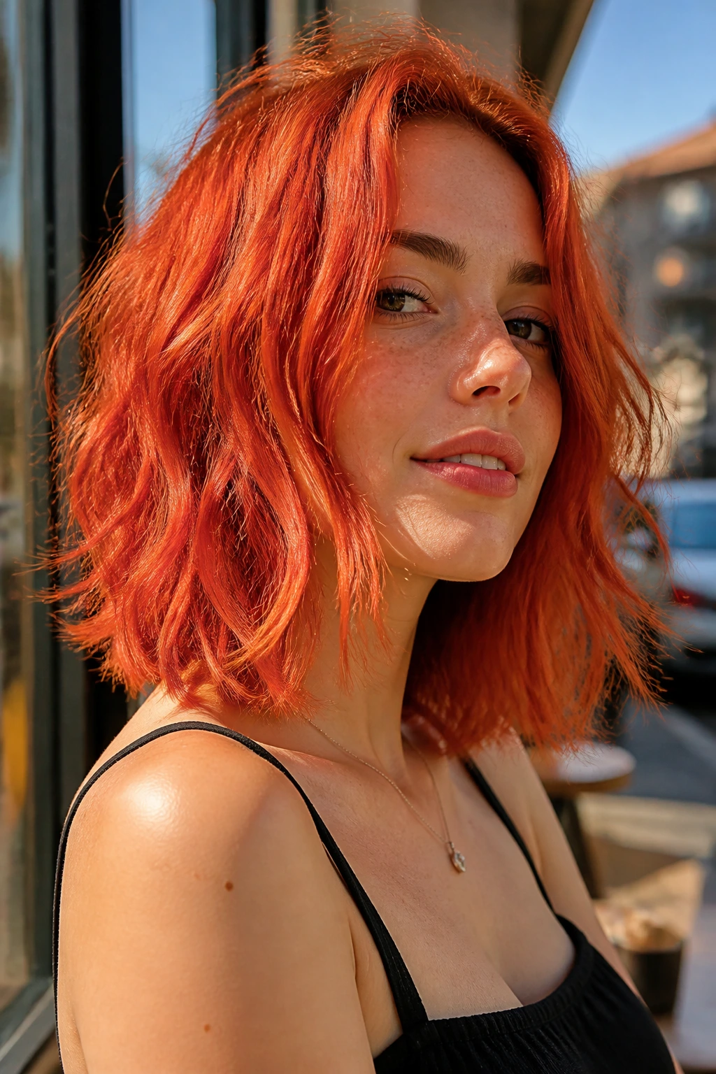 Close-up portrait of a real person with tangerine-red lob hairstyle in bright daylight