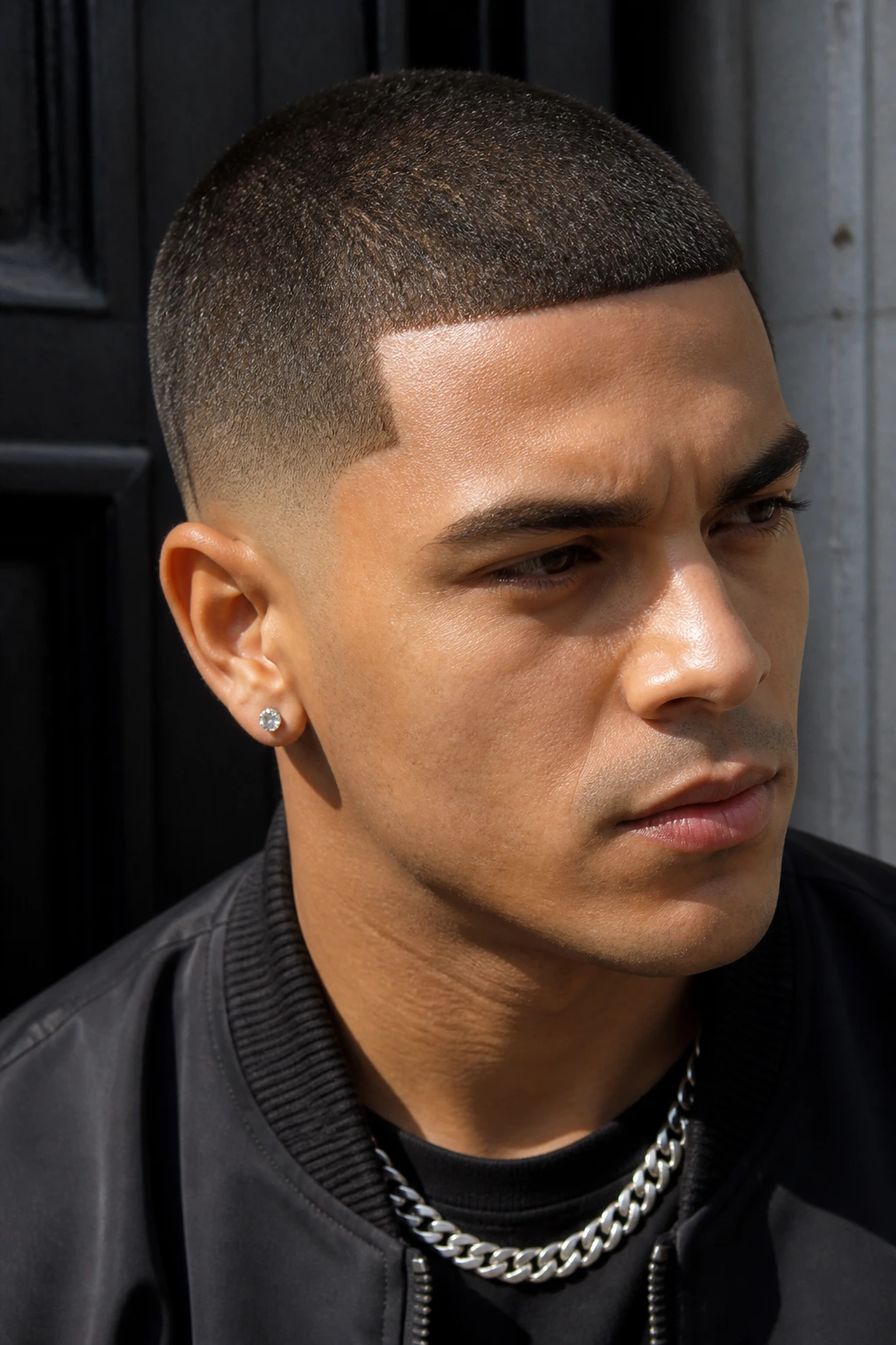 Man with taper buzz cut and sharp forehead line-up in outdoor setting