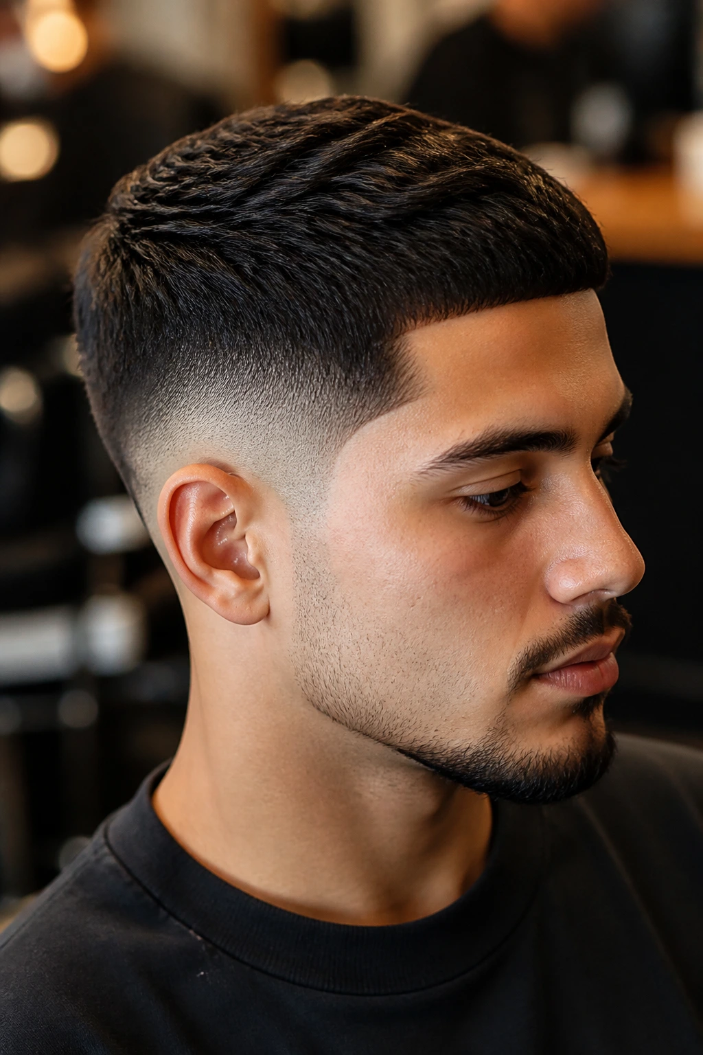 Close-up highlighting the clean taper transition at temples on a real person