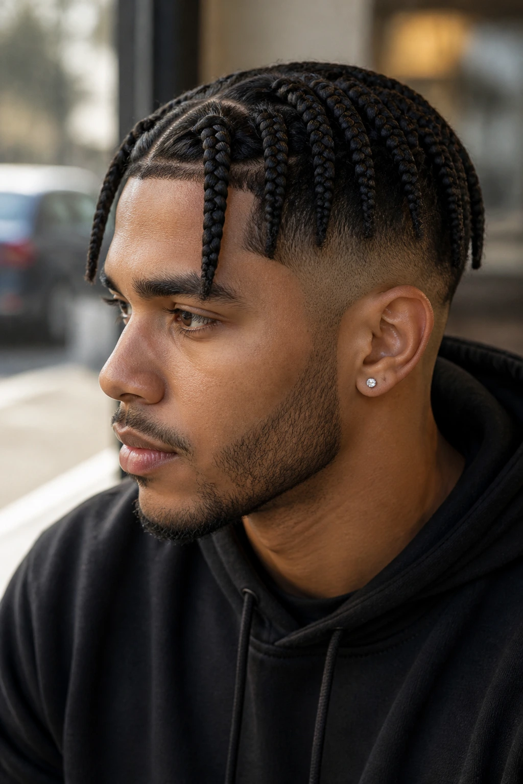 Real man with taper fade box braids captured in warm window light