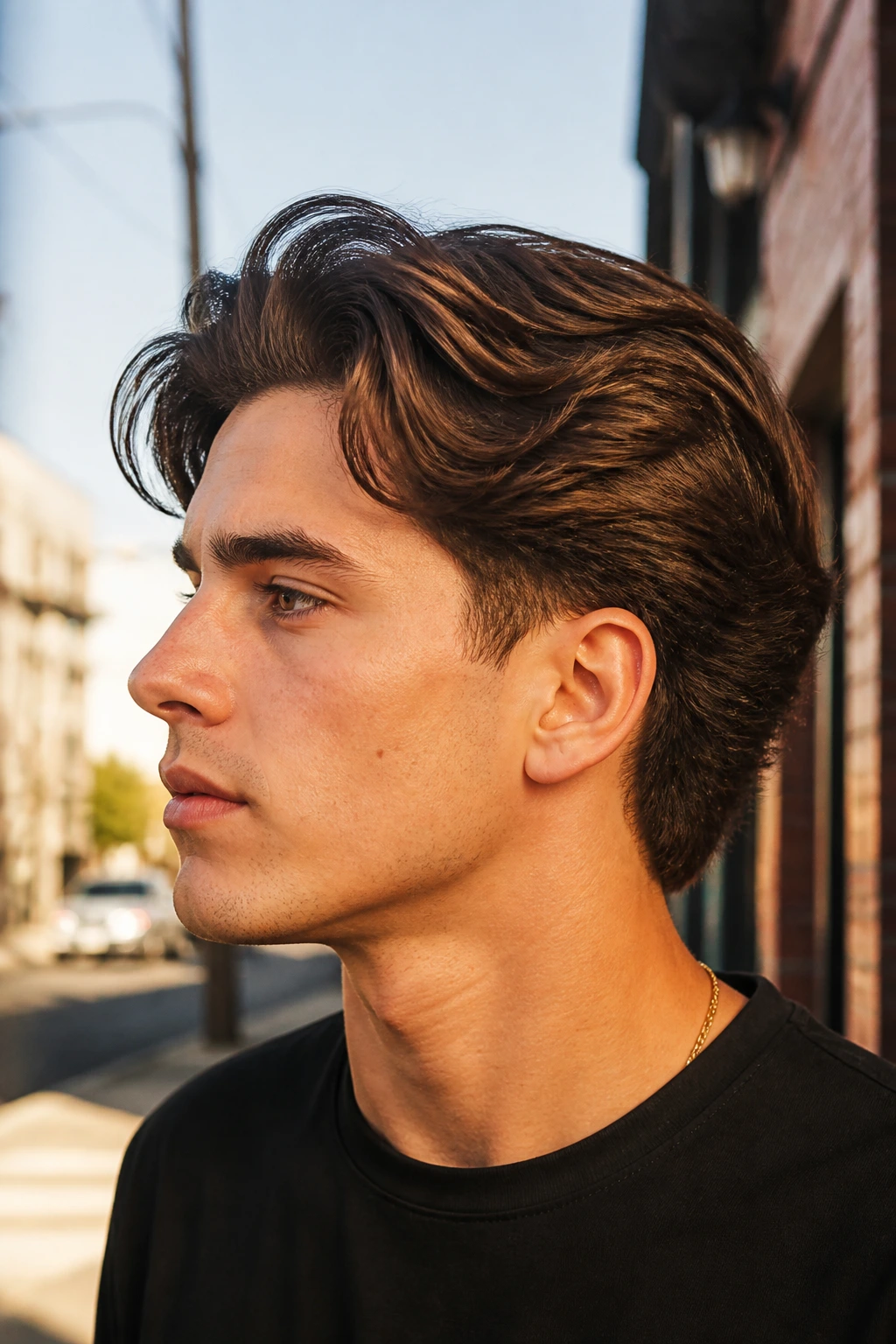 Close-up of man with tapered fade bro flow hairstyle in warm outdoor light