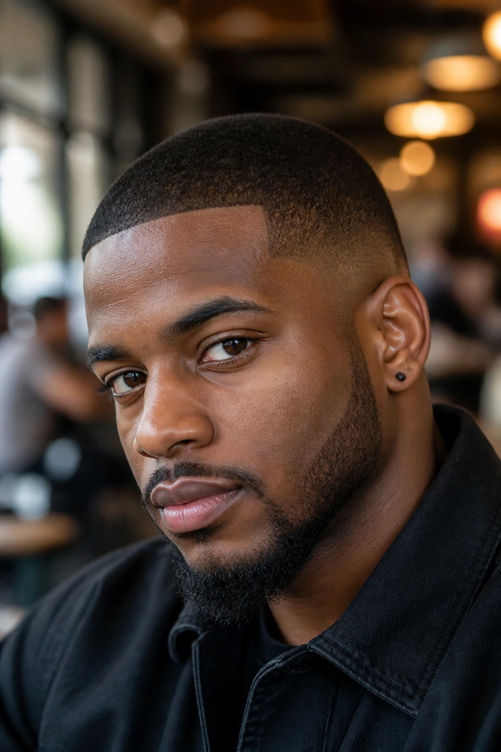 Close-up portrait of a Black man with taper fade buzz and neat edges.