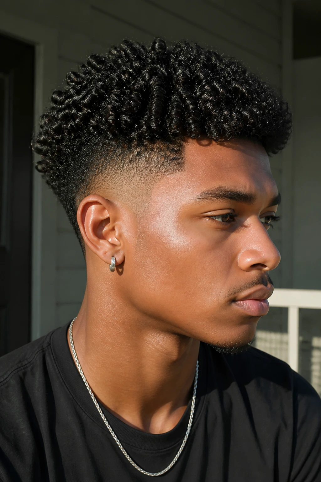 Close-up of a person with taper fade and sponge-defined coils