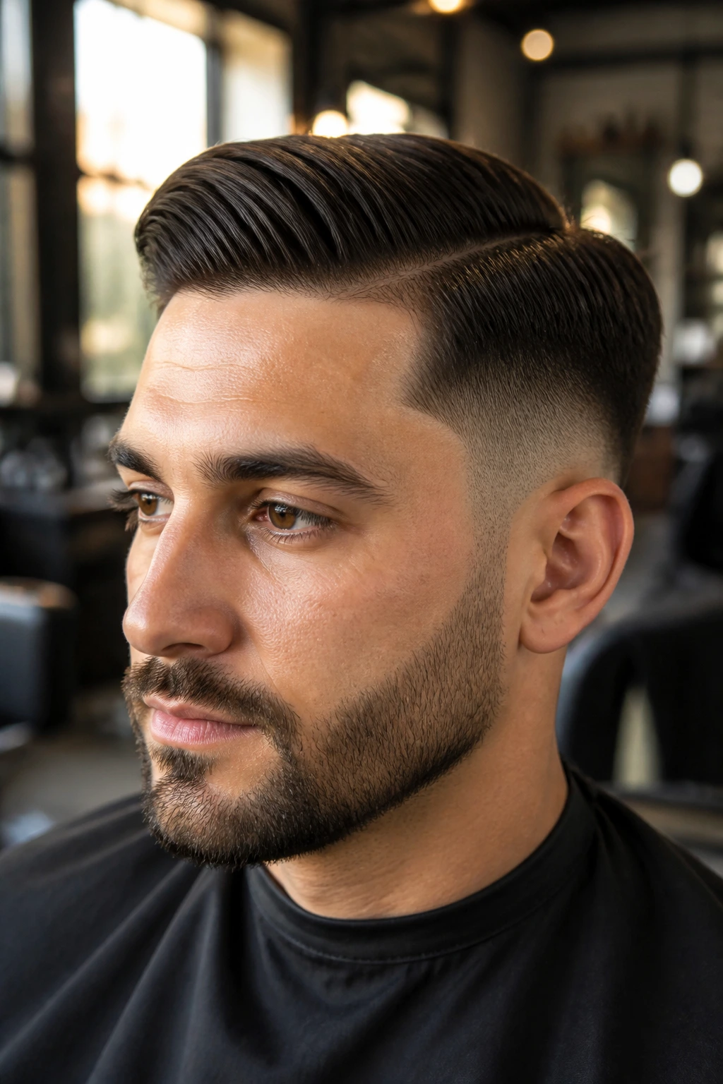 Close-up portrait of a man with taper fade and comb-over hairstyle in a barber chair