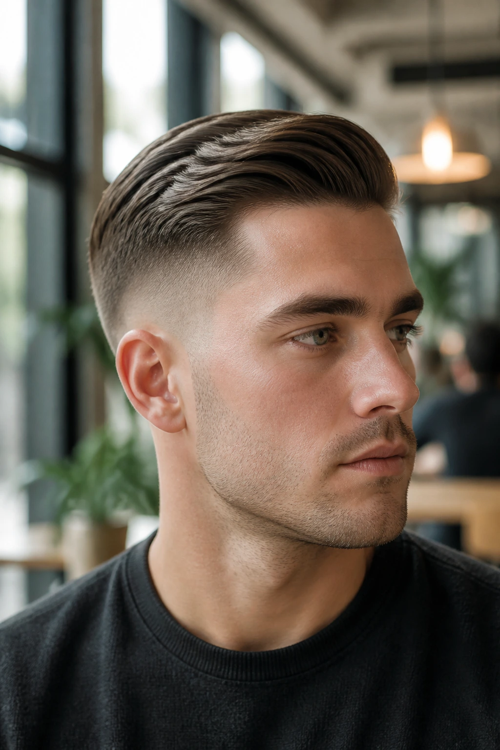 Man with tapered fade and comb-over hairstyle in a bright modern setting