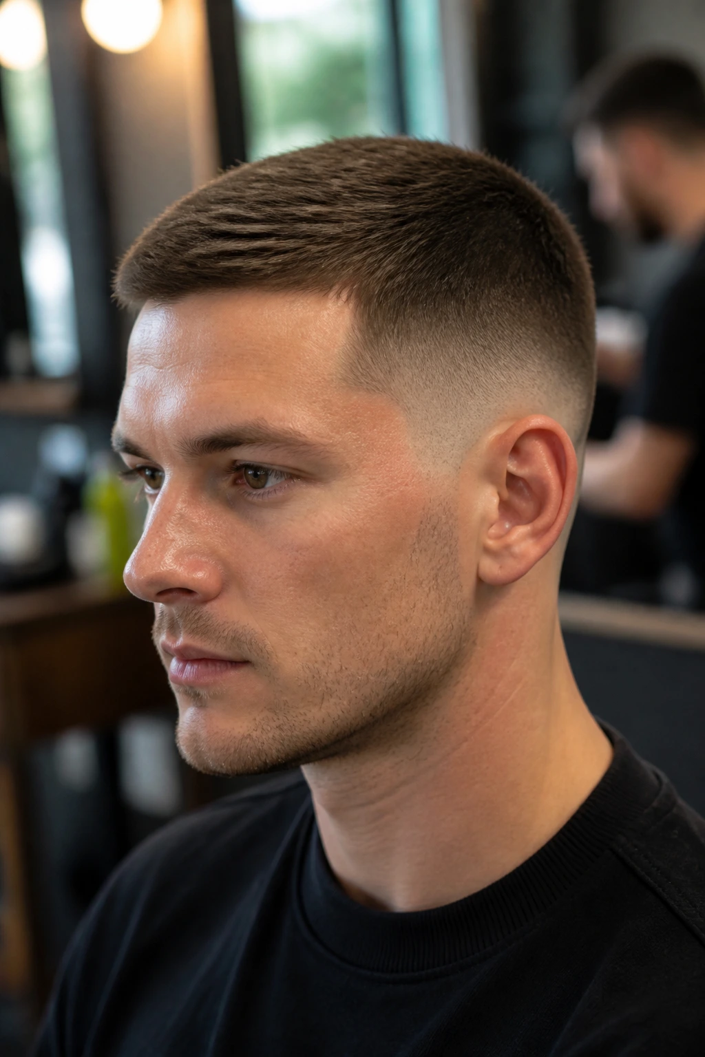 Close-up of man with taper fade and crew cut