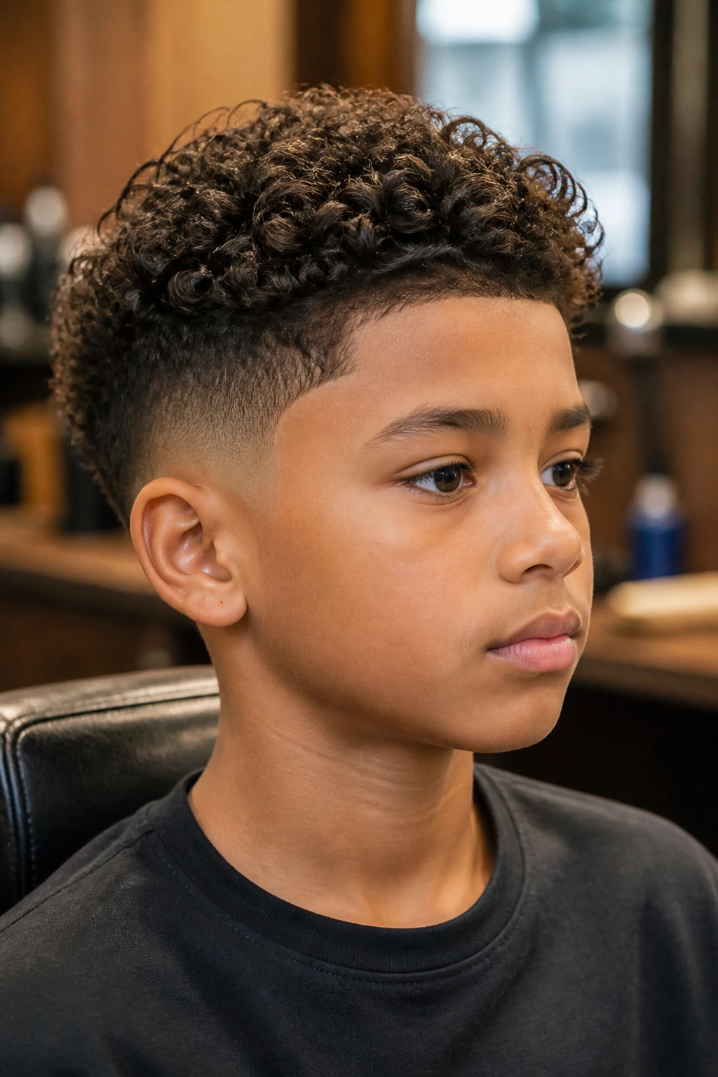Close-up of a real schoolboy with a clean taper fade and loose curls on top