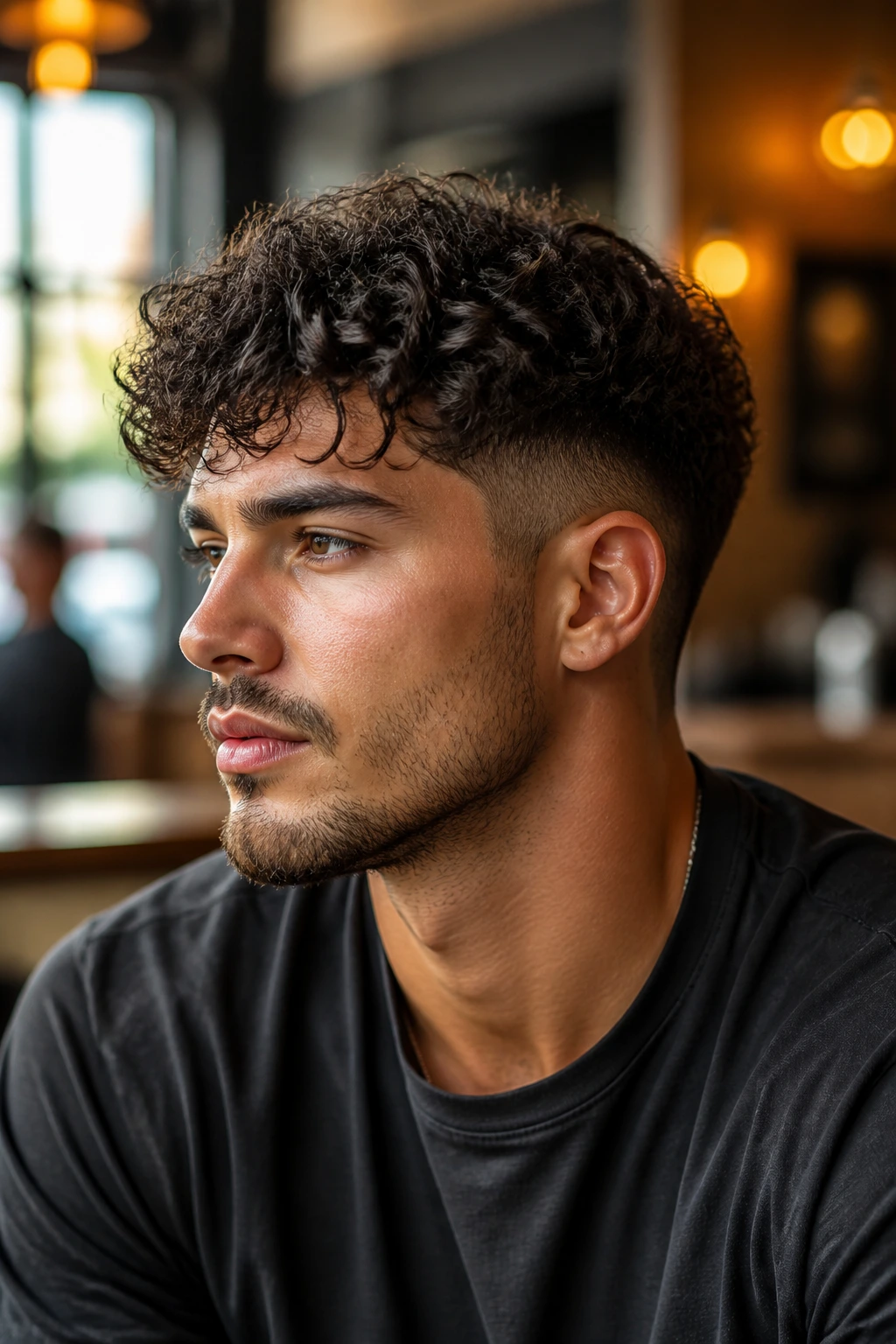 Close-up of a man with a medium taper fade and curly top