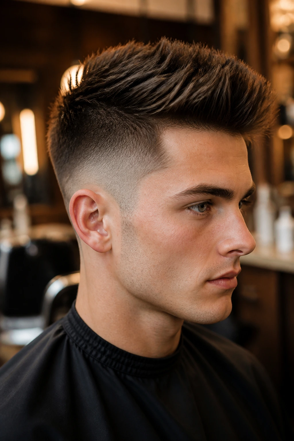 Portrait of a real person showcasing a taper-fade faux hawk.