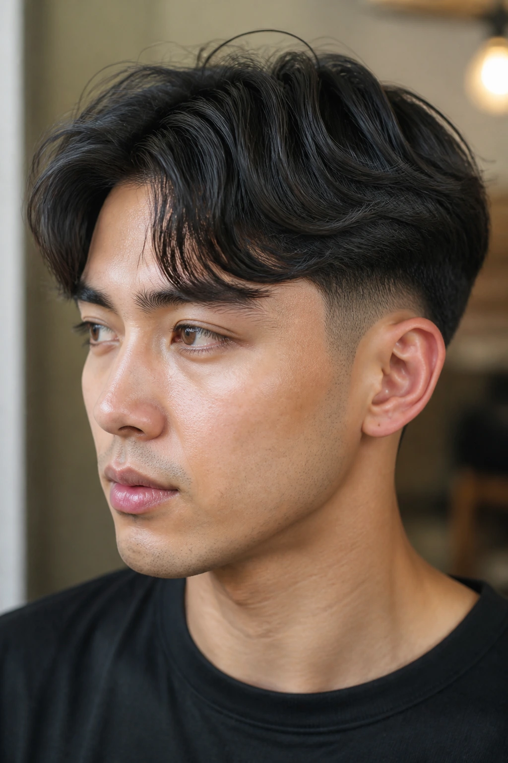 Portrait of a person with taper fade and feathered center split