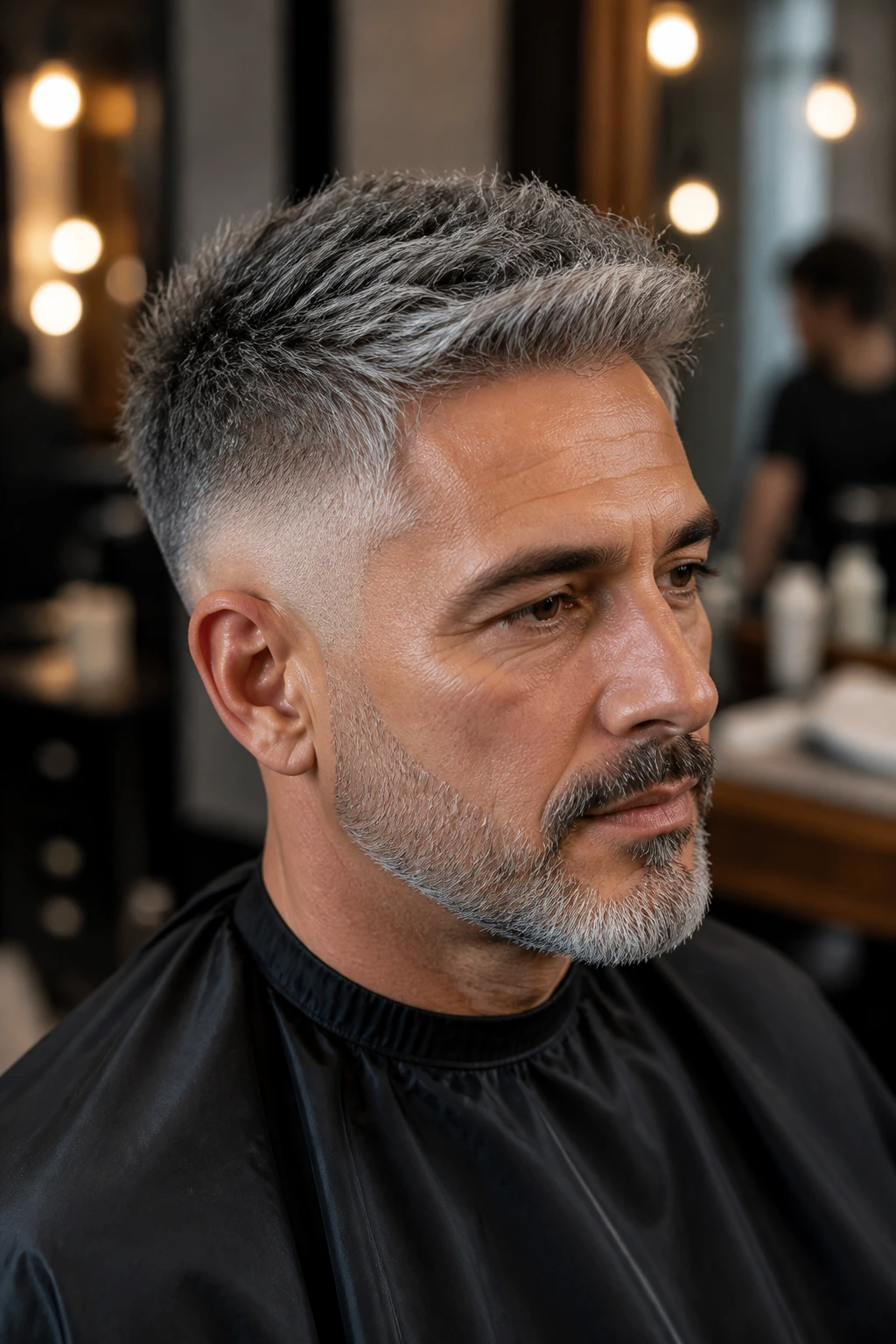 Man with gray top and taper fade portrait in a barbershop