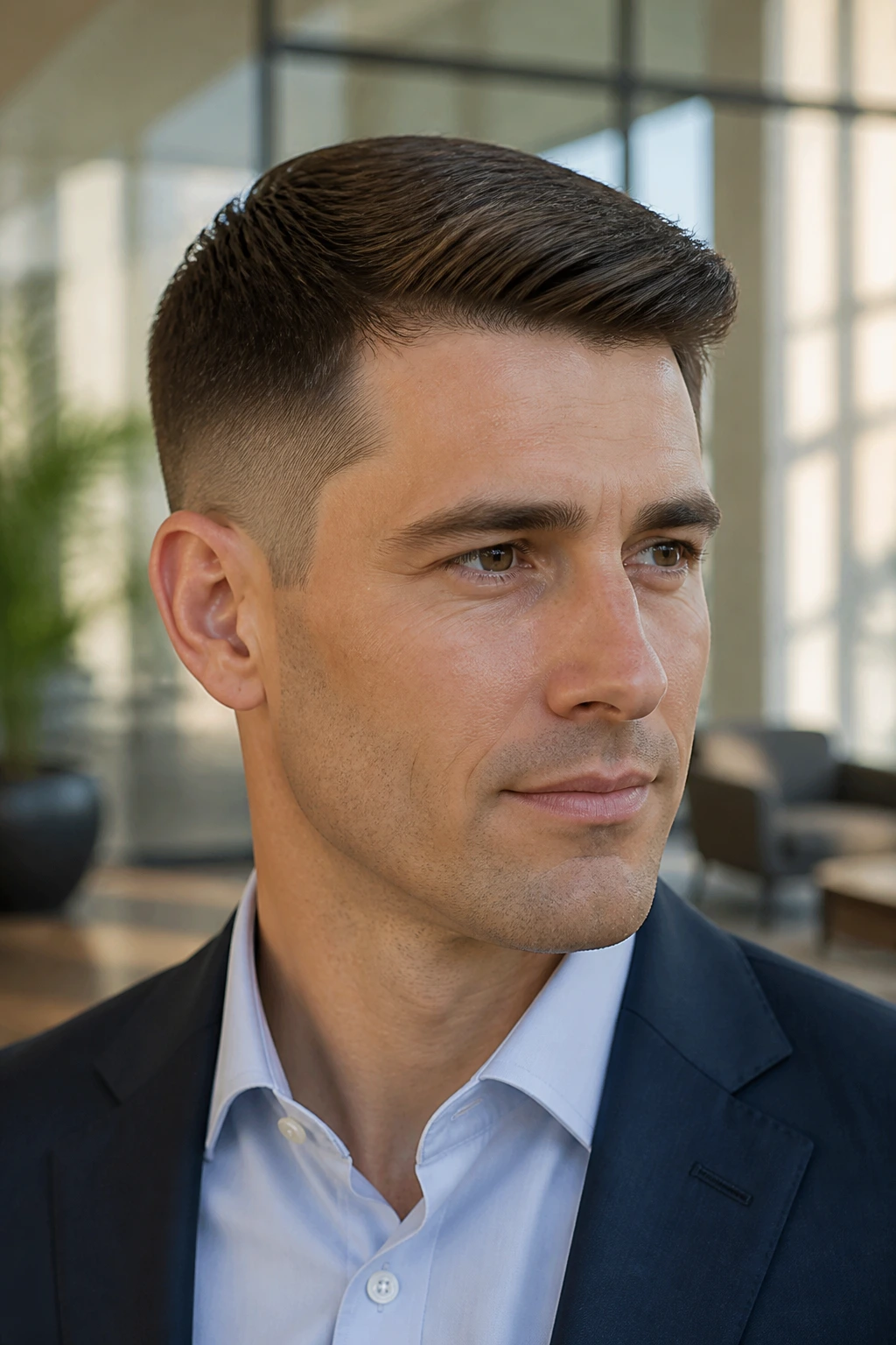 Man with taper fade and Ivy League top in an office setting