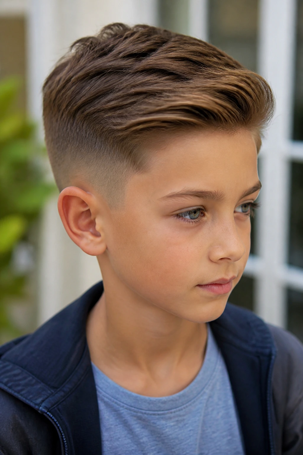 Boy with low taper fade and side-swept top in bright environment