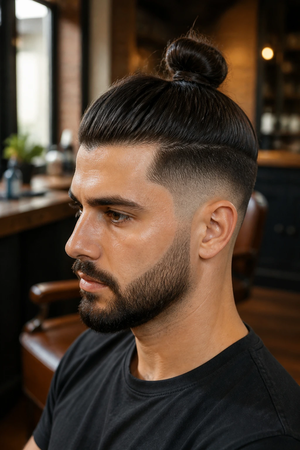Close-up portrait of a man with a taper-fade knot hairstyle in a barbershop