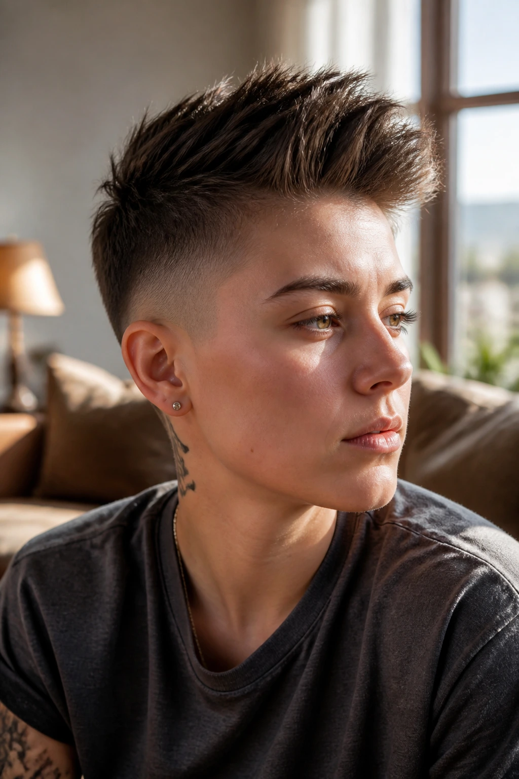 Close-up of a real person with taper fade and longer top