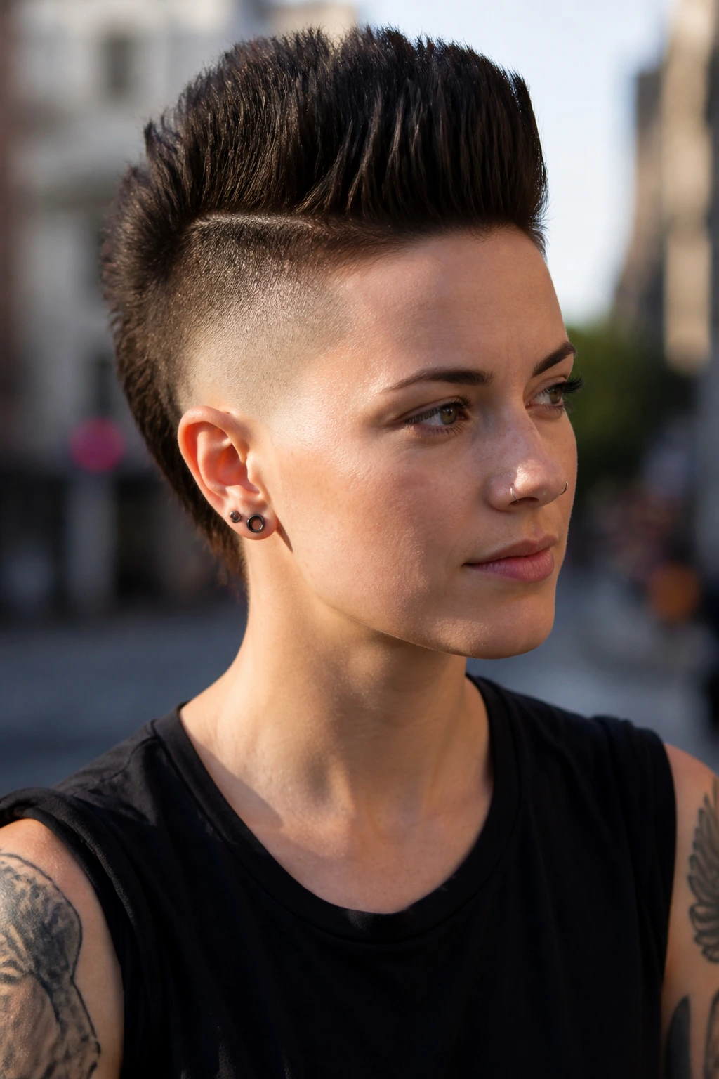 Close-up of a real person with a taper fade mohawk in an outdoor urban setting