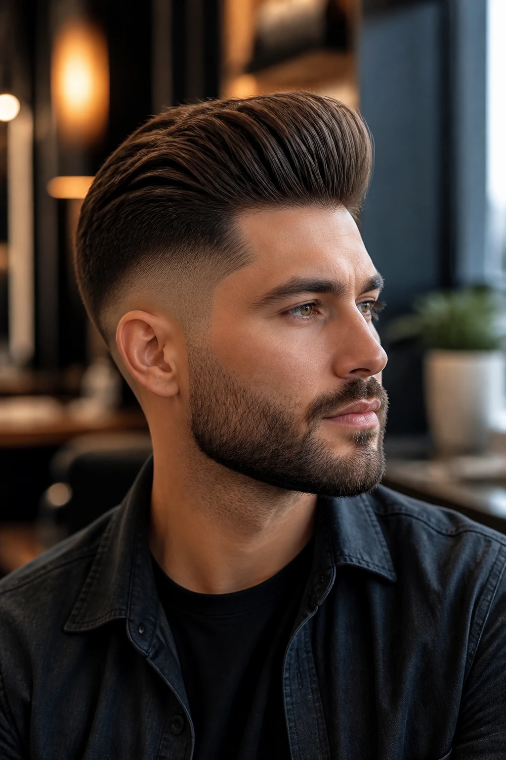 Man with taper fade pompadour close-up