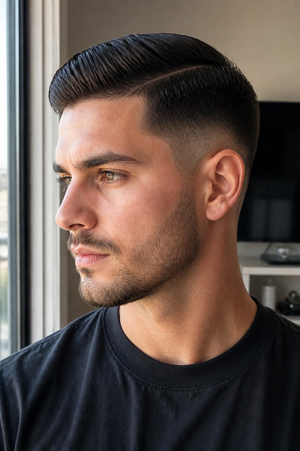Close-up portrait of a man with taper fade and side part in natural light