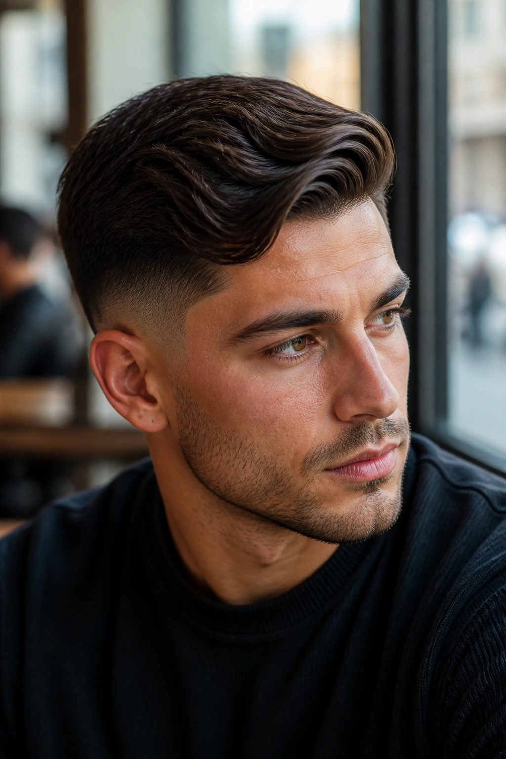 Close-up of a man with a taper fade and side-swept waves