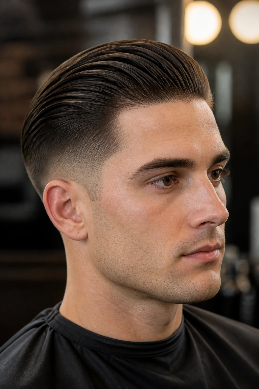 Close-up portrait of a man with a taper fade and brushed-back hairstyle in a barber-like setting