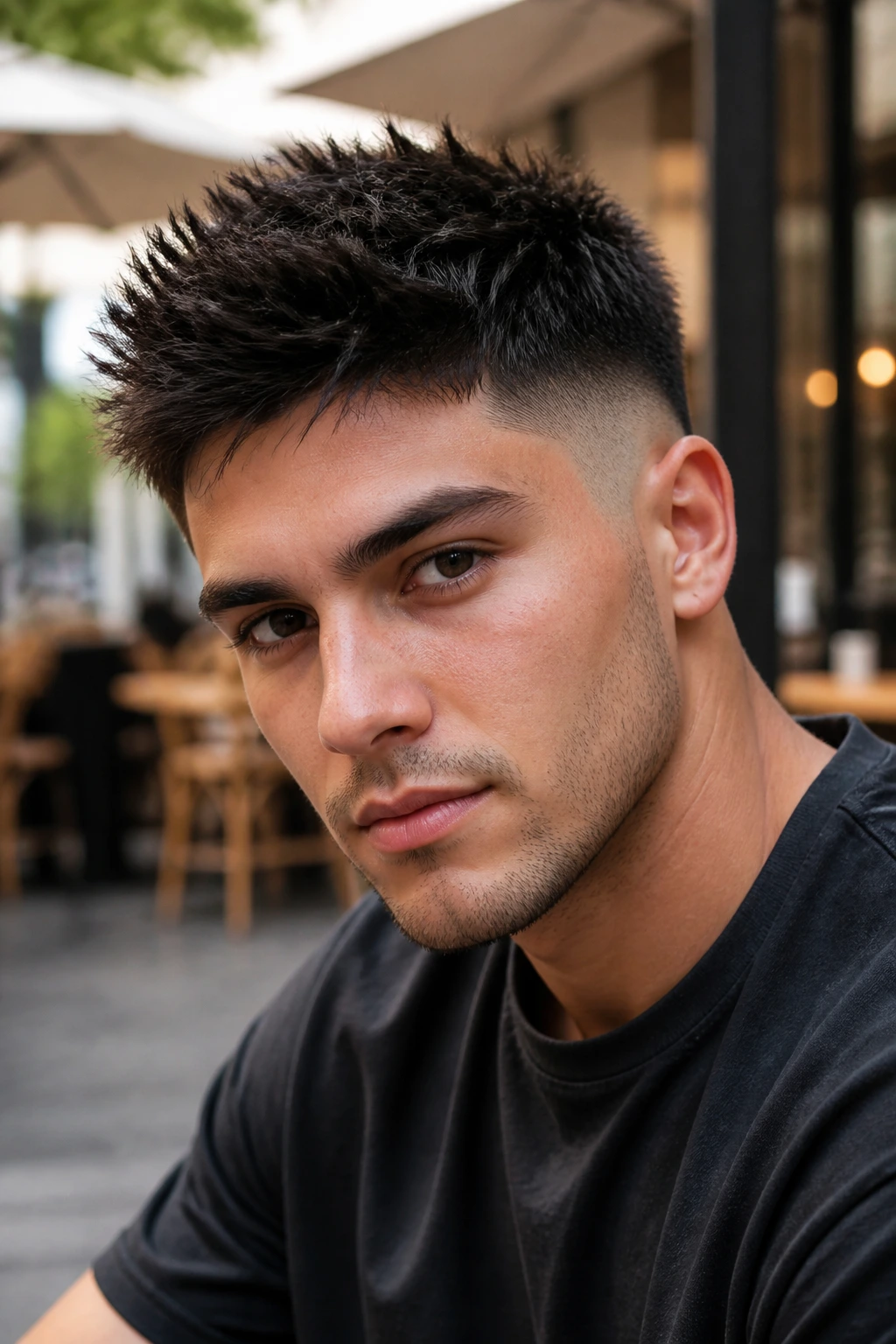 Close-up of man with taper fade and spiky textured top in outdoor cafe light