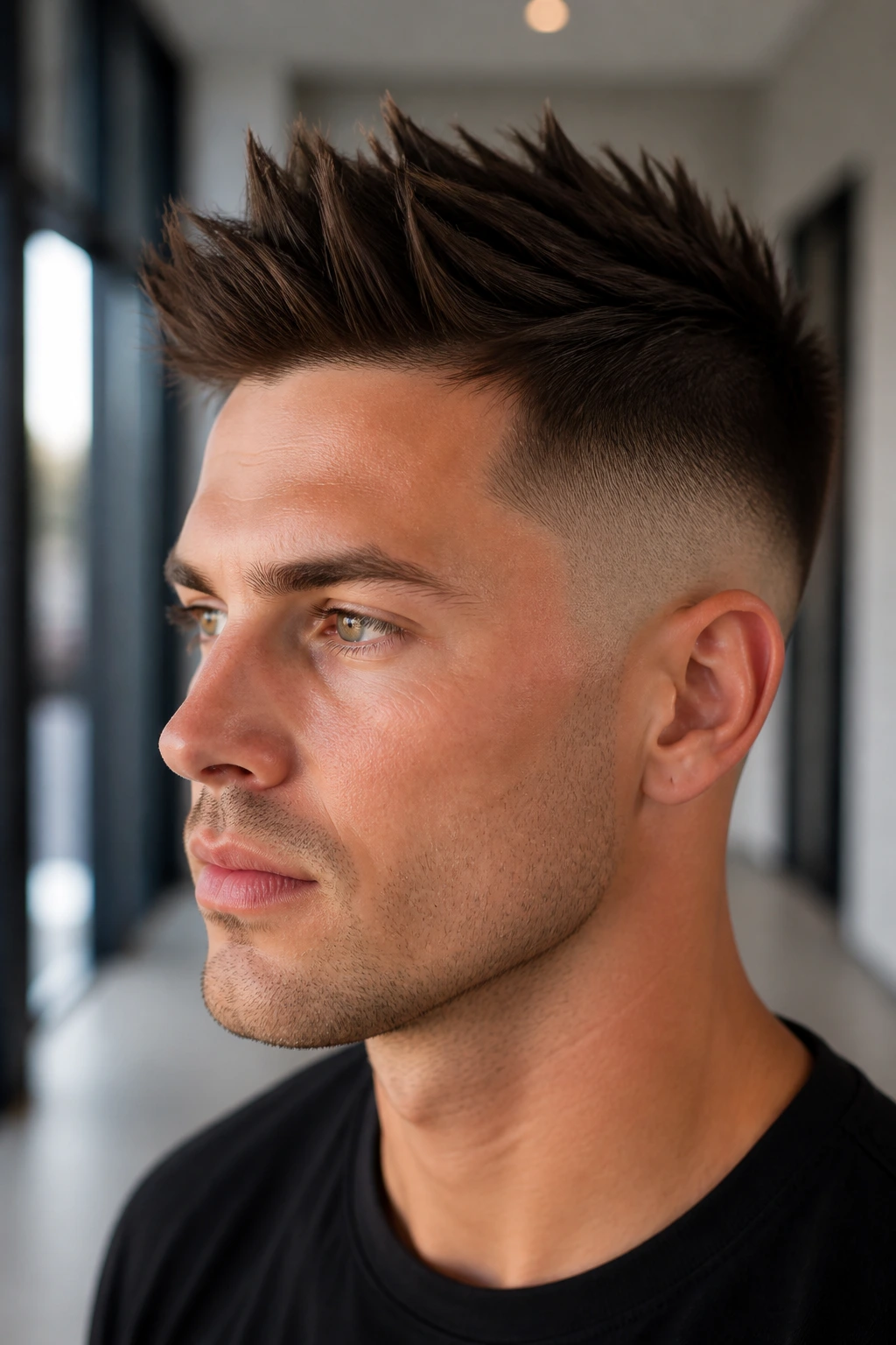 Close-up of a man with a taper fade and spikes in a modern hallway
