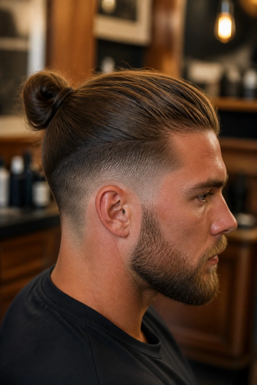 Close-up portrait of a man with a taper fade and top knot hairstyle