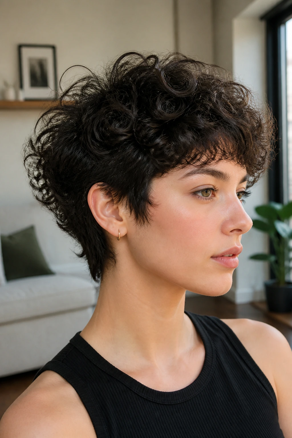 Real person with taper-and-fluff wolf haircut in a modern apartment window light