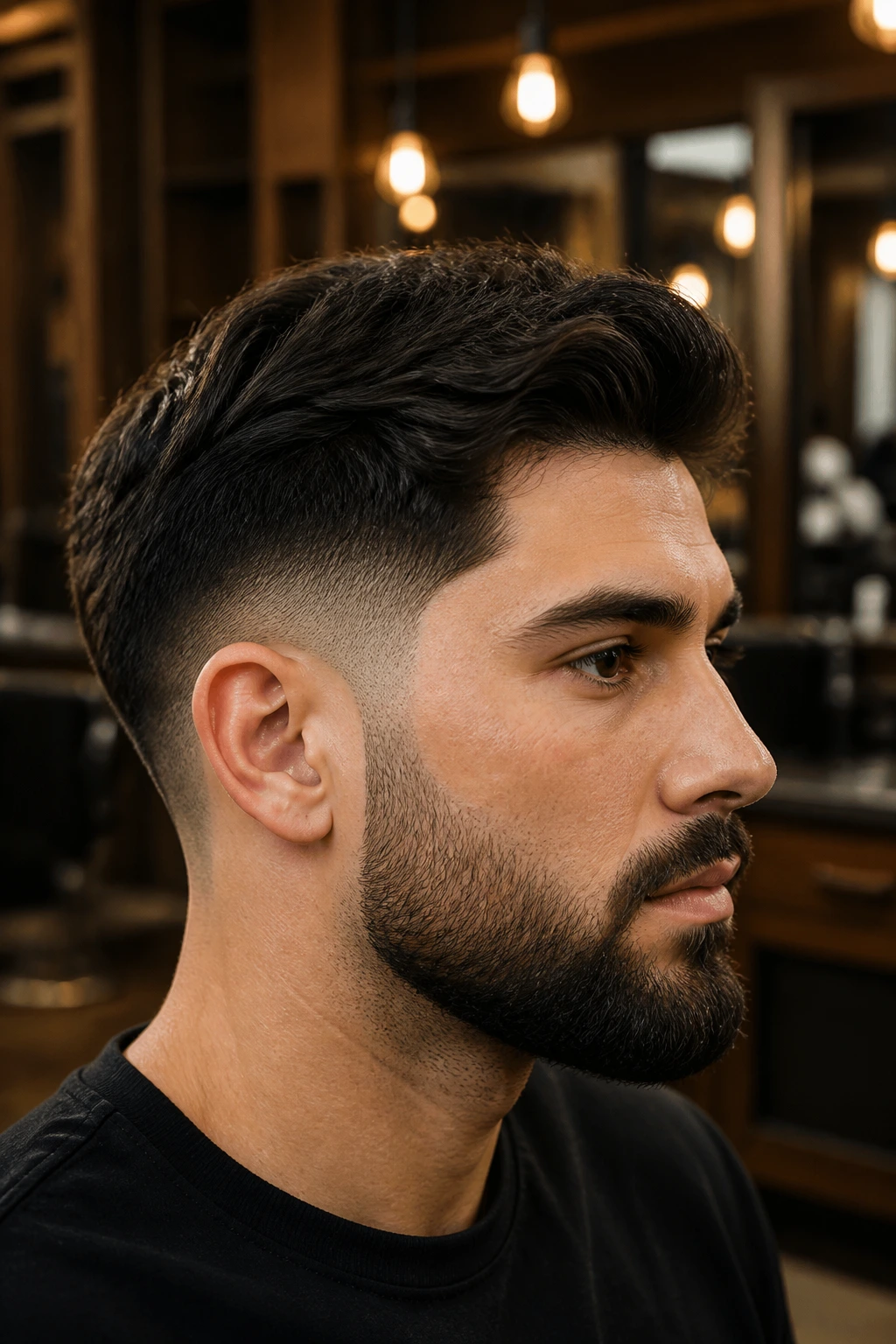Close-up of a man with a clean taper at temples and nape.