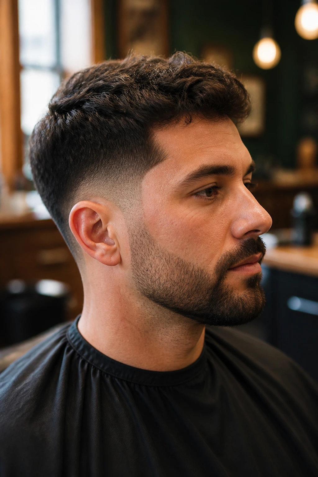Portrait of a man in barber chair with a well kept taper illustrating maintenance between visits.