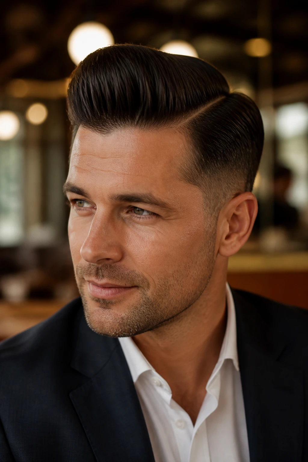 Close-up portrait of a man with a refined taper pompadour