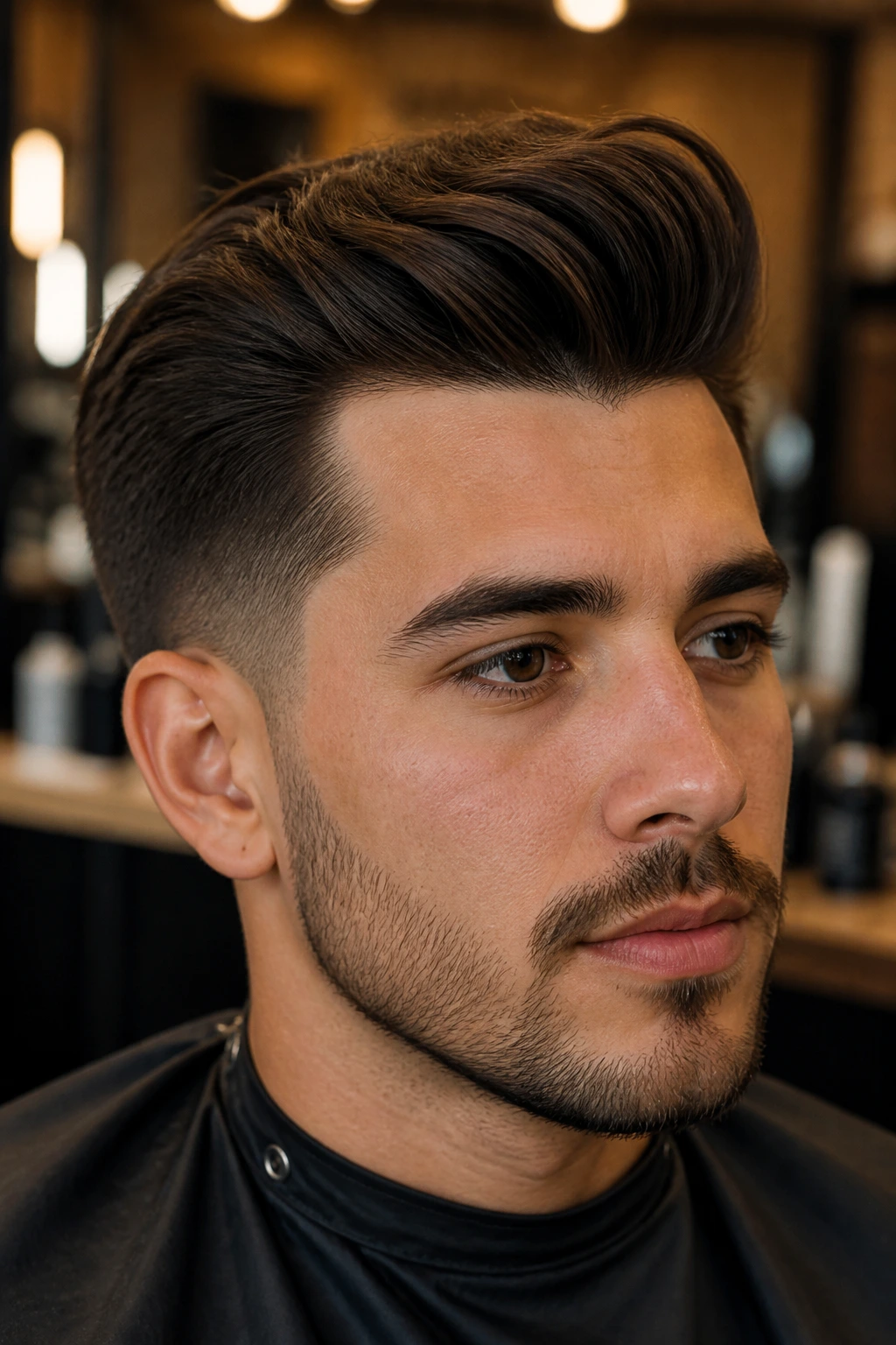 Close-up of man with Classic Taper Quiff showing top length and tapered sides
