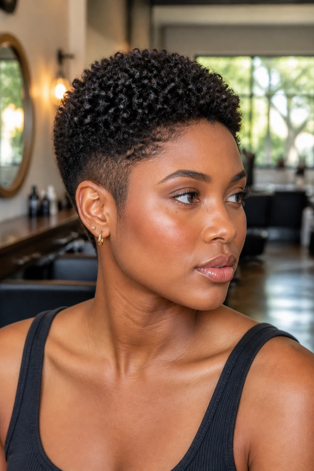 Close-up portrait of a real person with a tapered 4C pixie and stacked coils under soft salon lighting