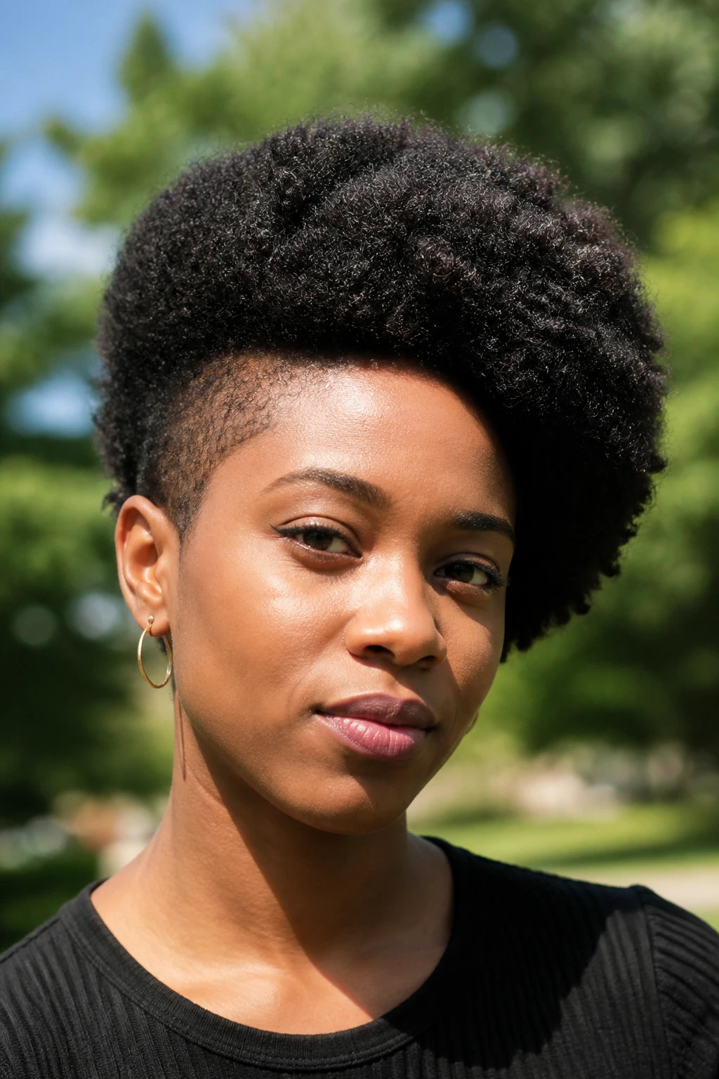 Close-up portrait of person with asymmetrical tapered Afro