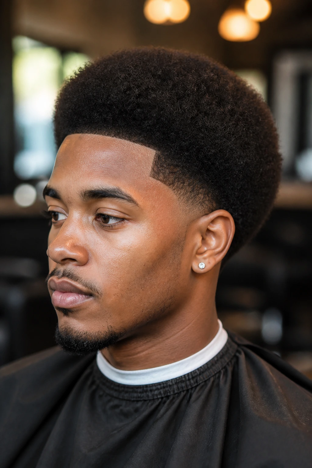 Close-up of a Black man with a tapered Afro and a clean outline