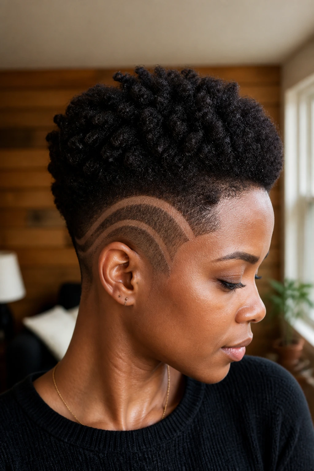 Close-up of a real woman with a tapered Afro featuring crescent and wave lines shaved at temple