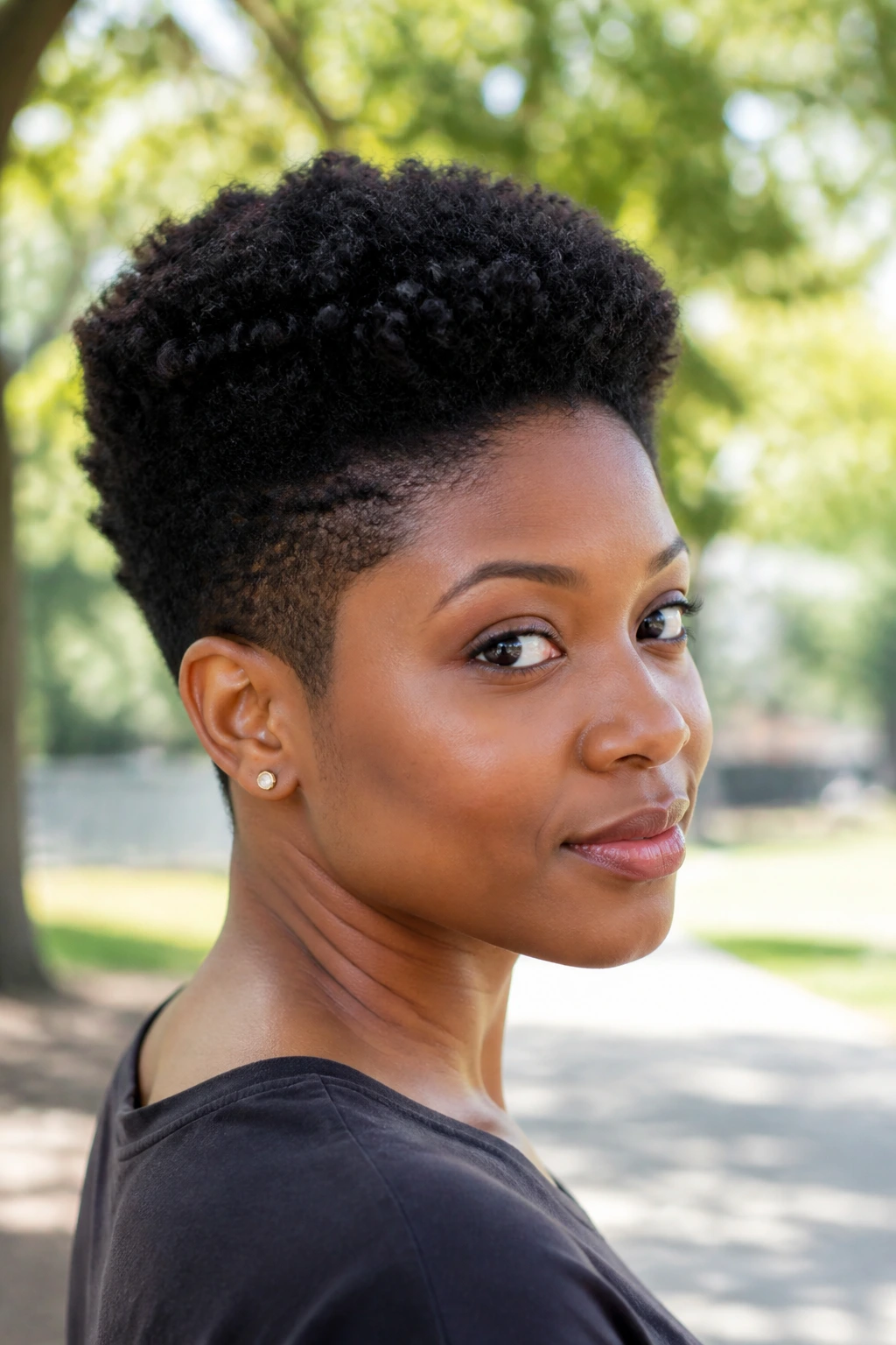 Close-up portrait of a person with a tapered Afro crop outdoors