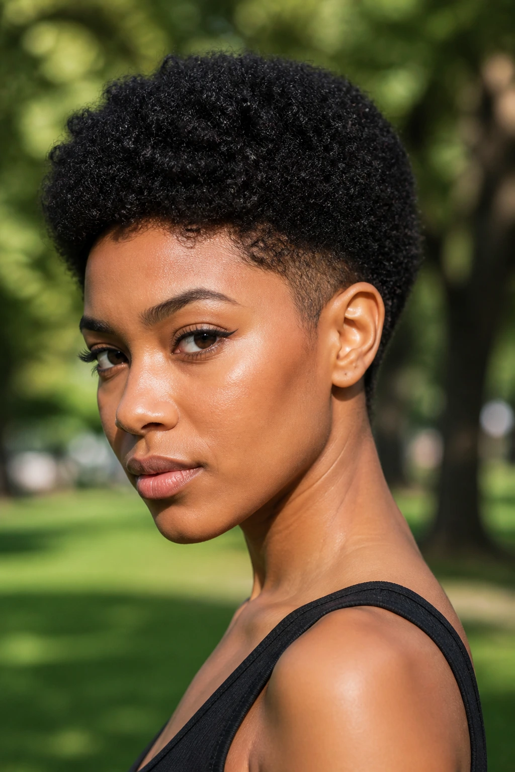 Real person with tapered Afro Crop in an outdoor park setting