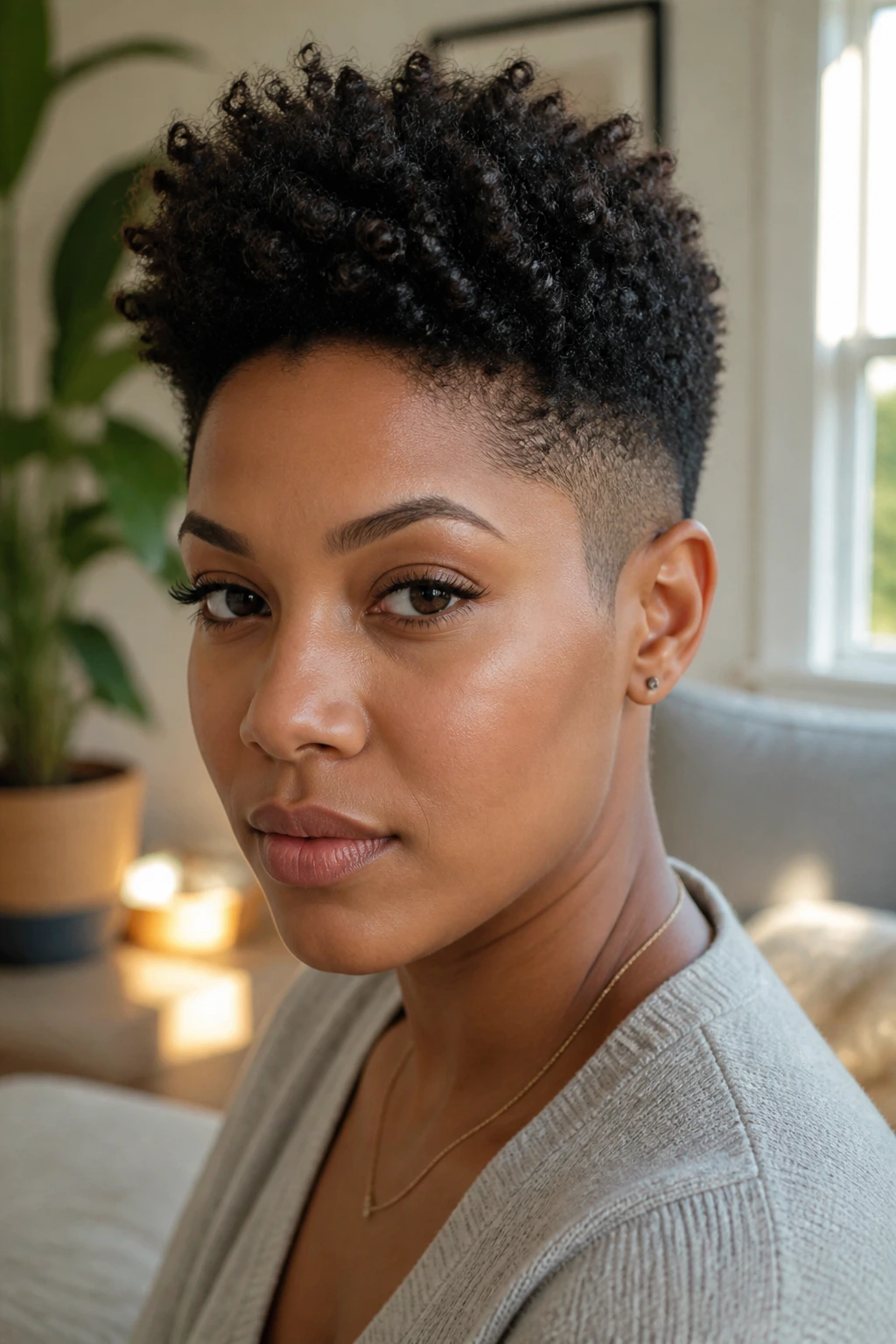 Close-up portrait of a real person with a tapered Afro crop