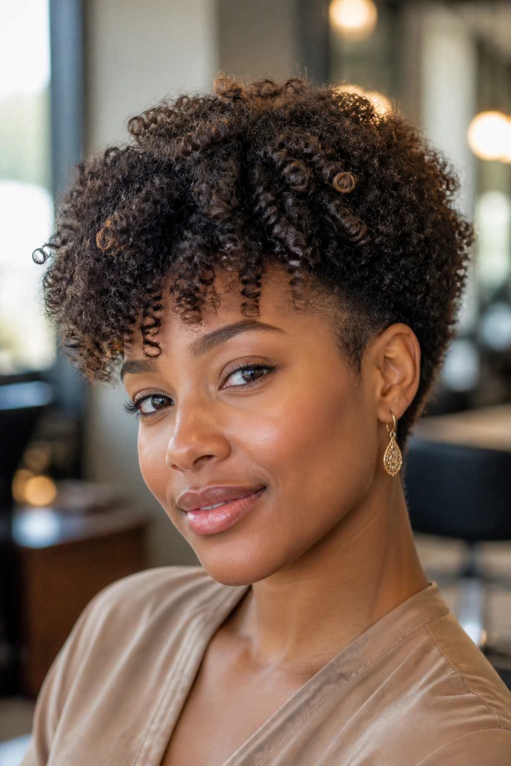 Close-up portrait of a person with a tapered Afro and curled fringe, 3B curls in natural warm light