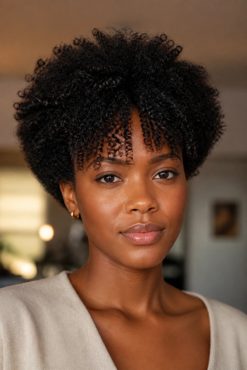 Real person with a tapered Afro and curly center bangs in natural light.