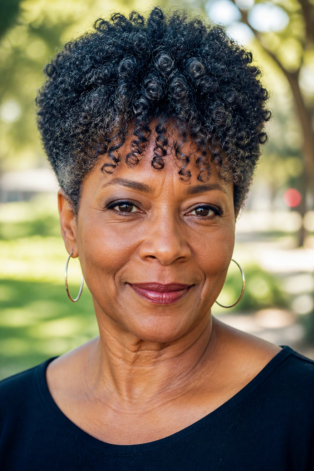 Close-up portrait of a real woman with a tapered Afro and soft curly fringe.