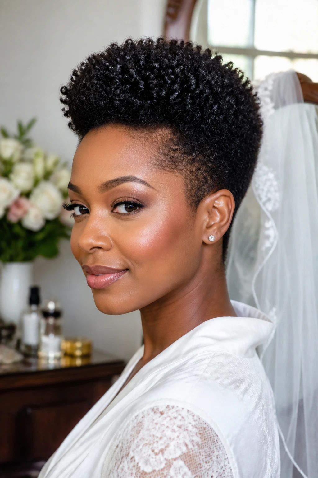 Bride with tapered Afro cut showing crown volume in bridal prep room