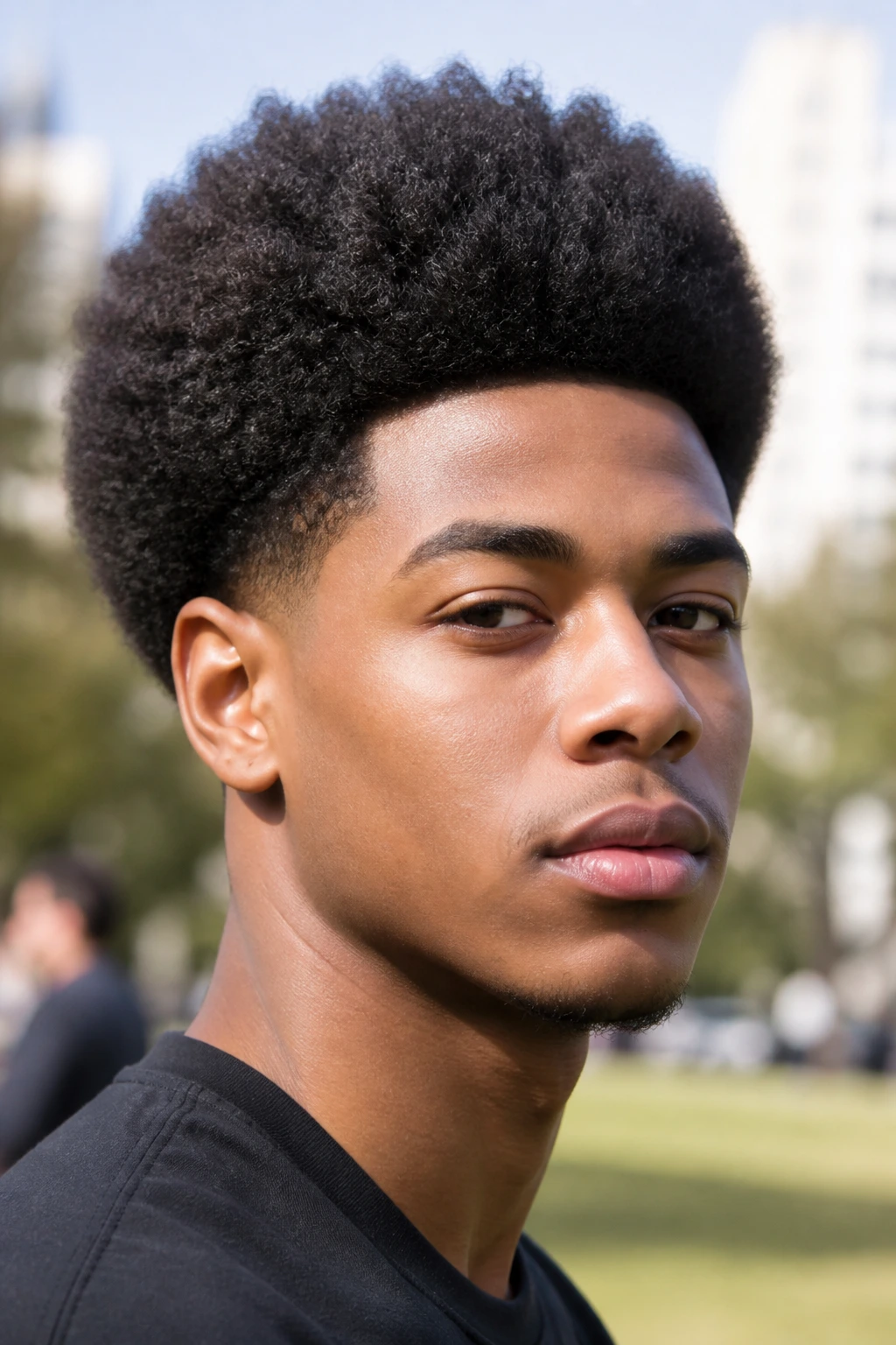 Close-up of a real person with a tapered Afro cut